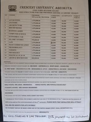 Crescent University releases school fees schedule for fresh students, 2025/2026