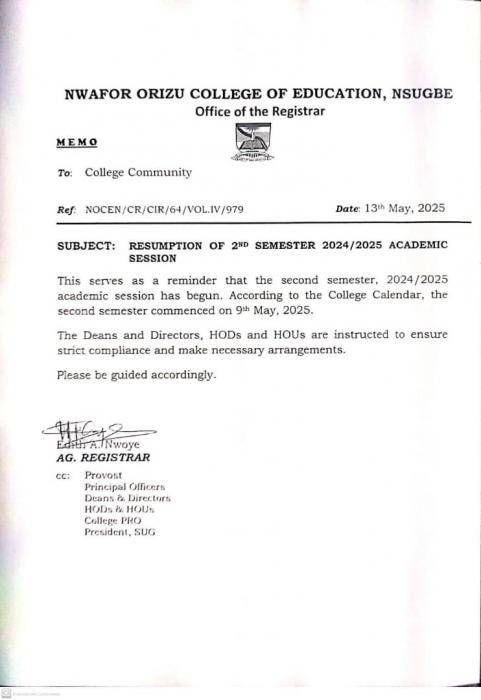 NOCEN 2nd semester resumption, 2024/2025