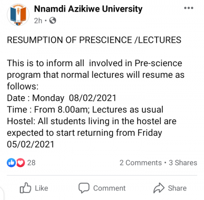 UNIZIK notice to prescience students on commencement of lectures for 2020/2021 session