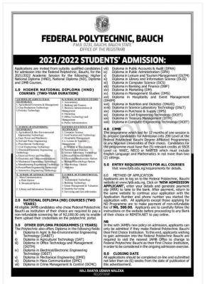 Fed Poly, Bauchi Admission Into Pre-ND, IJMB, Remedial, Diploma & Cert. Courses, 2021/2022