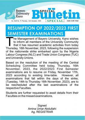 BUK notice on resumption of 1st semester exam, 2022/2023
