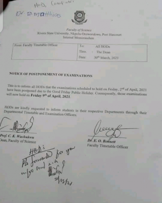 RSUST notice on postponement of exams scheduled to hold April 2nd