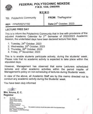 Fed Poly Nekede announces lecture free day