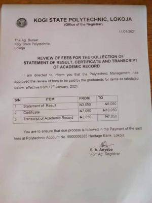 Kogi State polytechnic notice on fees to be paid by graduating students