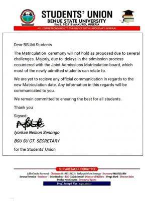 BSU SUG notice on postponement of matriculation ceremony, 2021/2022 & 2022/2023