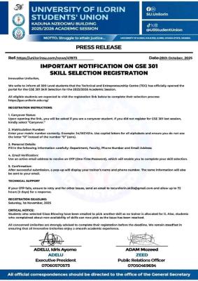 UI SUG announces GSE 301 skill selection registration for 300 level students