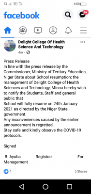 Delight College of Health Science and Technology reschedules resumption