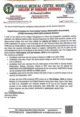 Federal Medical Center,Nguru releases Post UTME admission form, 2025/2026