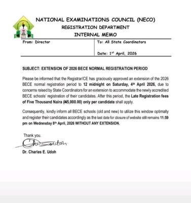 NECO extends 2026 BECE registration period