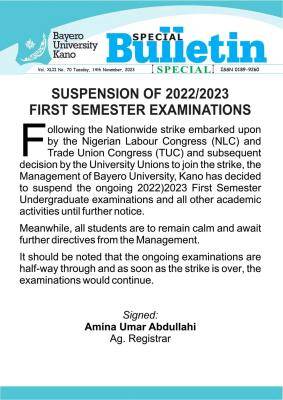 BUK notice on suspension of 1st semester examinations, 2022/2023