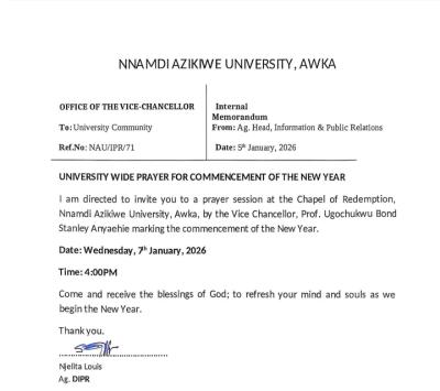 UNIZIK invites the University community to a special prayer
