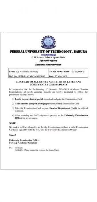 FUT Babura notice to new students on printing of exam cards for 1st semester exam, 2024/2025