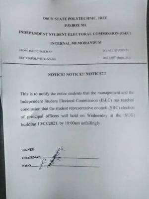 OSPOLY notice on SRC principal officers Election date