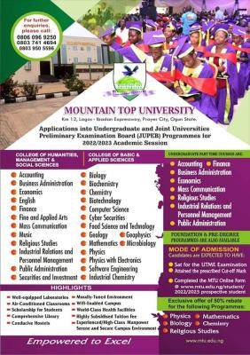 Mountain Top University JUPEB Admission, 2022/2023