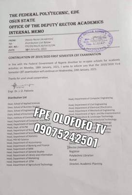 Fed Poly Ede notice on continuation of 1st semester exam, 2019/2020