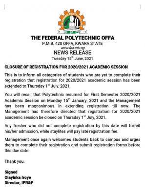 Fed Poly, Offa notice on closure of portal for 2020/2021 registration