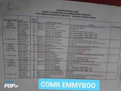 Auchi Poly first semester examination timetable, 2020/2021