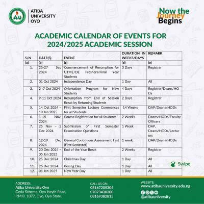 Atiba University announces updated academic calendar for 2024/2025 session