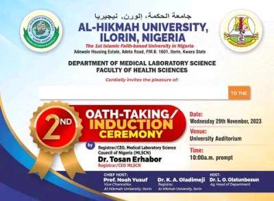 Al-Hikmah announces 2nd Oath-Taking/Induction Ceremony for Department of Medical Laboratory Science