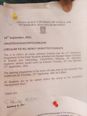 OAUSTECH orientation notice to fresh students