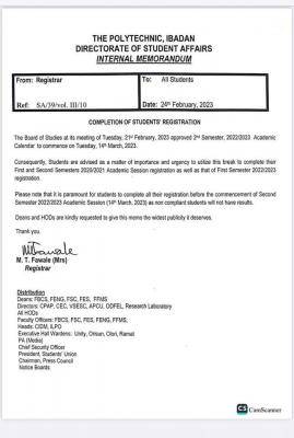 Ibadan Polytechnic notice on completion of students registration