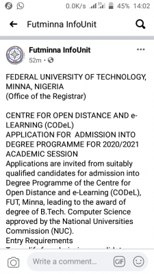 FUTMINNA Open Distance and e-Learning admission for 2020/2021 session