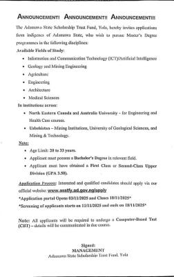 Adamawa State Scholarship Fund announces 2025 Masters degree scholarship opportunity