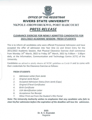 RSUST clearance exercise for newly admitted students, 2021/2022