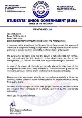 AKSCOE SUG notice on unauthorised Easter trip