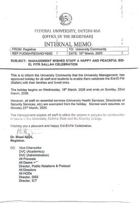 FUDMA announces Eid-el-fitr break