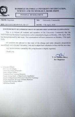 BOUESTI postpones 1st semester exam, 2025/2026 by 1 week