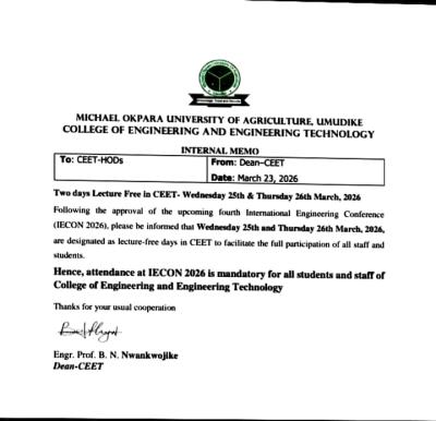 MOUAU College of Engineering notice on two-day lecture-free period