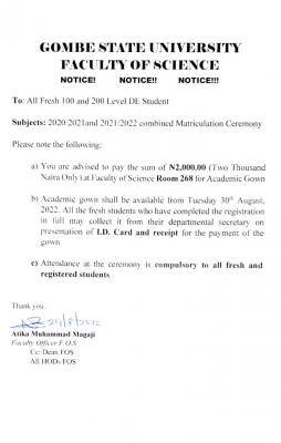 Gombe State Faculty of Science notice to fresh 100 and 200 level DE Students