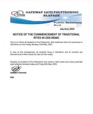 Gateway Polytechnic important notice to all students