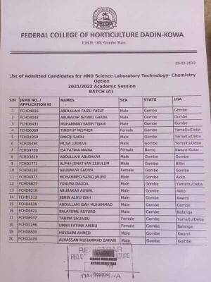 Federal College of Horticulture Dandikowa 1st batch HND admission list, 2021/2022