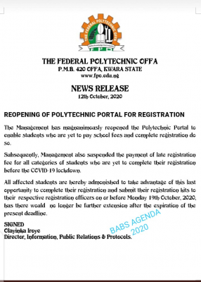 Offa Poly notice on reopening of course registration portal for 2019/2020 session
