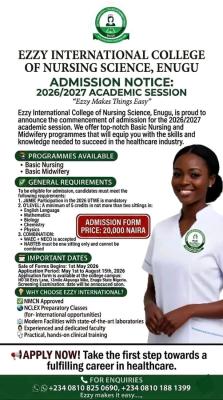 Ezzy College of Nursing Sciences, Enugu releases admission form, 2026/2027