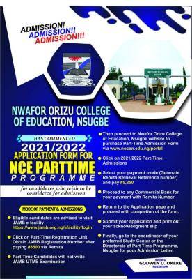 NOCEN NCE Part-time Admission, 2021/2022