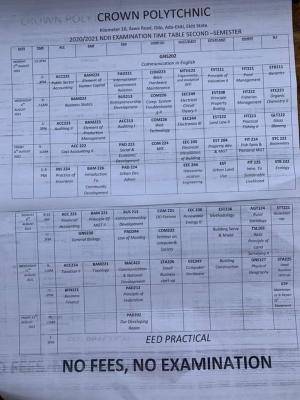 Crown Polytechnic 2020/2021 second semester examination timetable