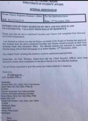Fed Poly Ibadan notice on 2019/2020 first semester break