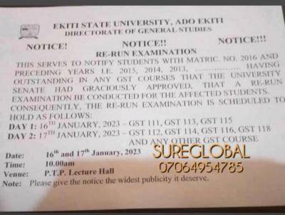 EKSU notice to students on re-run examination for GST courses