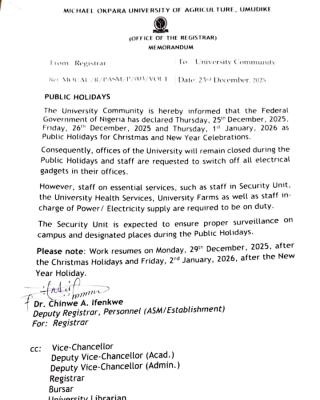 MOUAU announces Christmas and New year public holidays