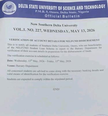 Southern Delta University notice on Verification of Account details for NELFUND Disbursement