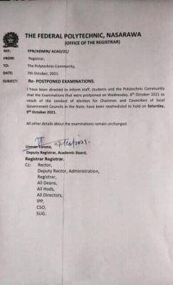 Fed Poly Nasarawa notice on postponed examination
