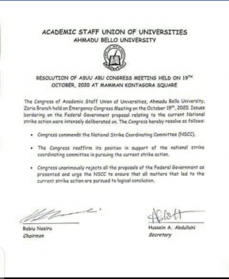 Resolution of ASUU ABU Congress Meeting