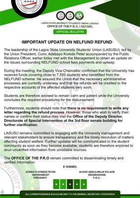 LASU SUG gives update on NELFUND Refund