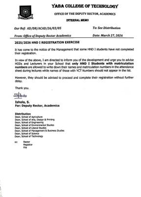 YABATECH notice on HND I registration exercise