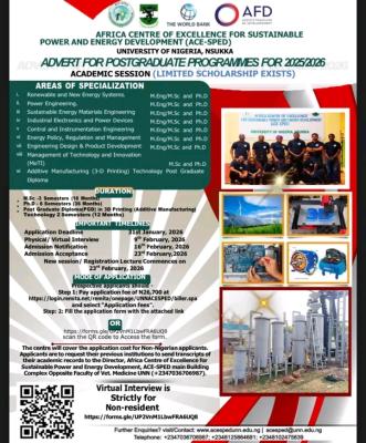 UNN ACE-SPED postgraduate admissions, 2025/2026