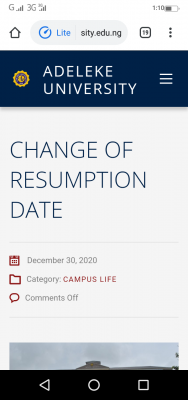 Adeleke University notice on change in resumption date for 2020/2021 session