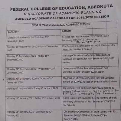 FCE Abeokuta revised academic calendar for 2019/2020 session